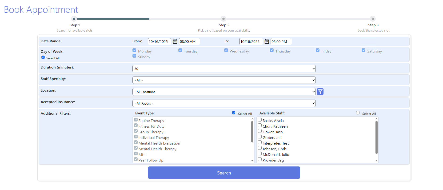 screenshot of patient online appointment scheduling