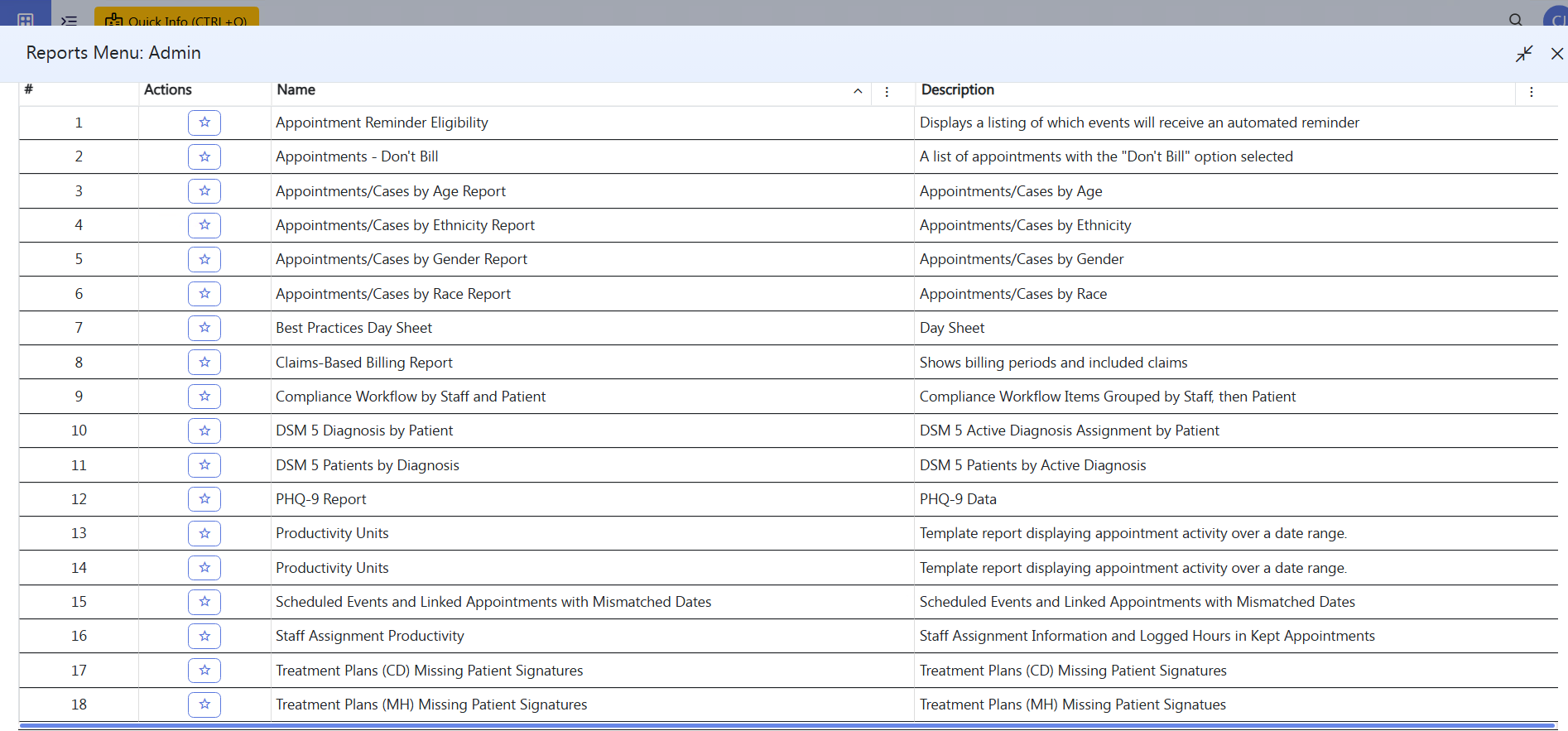 Screenshot of clinical reporting