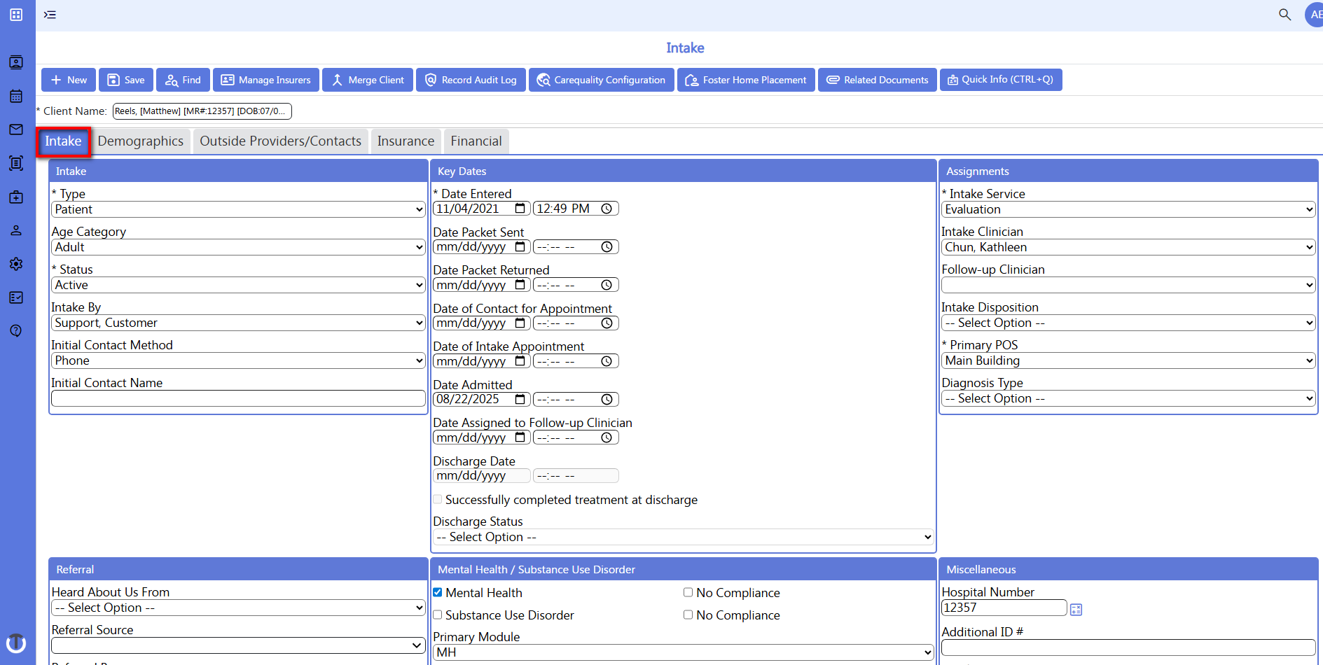 screenshot of demographics -intake-tab