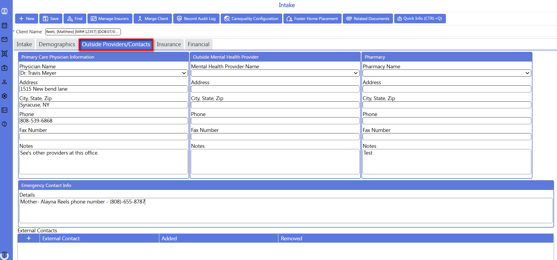 screenshot of demographics - outside providers contacts