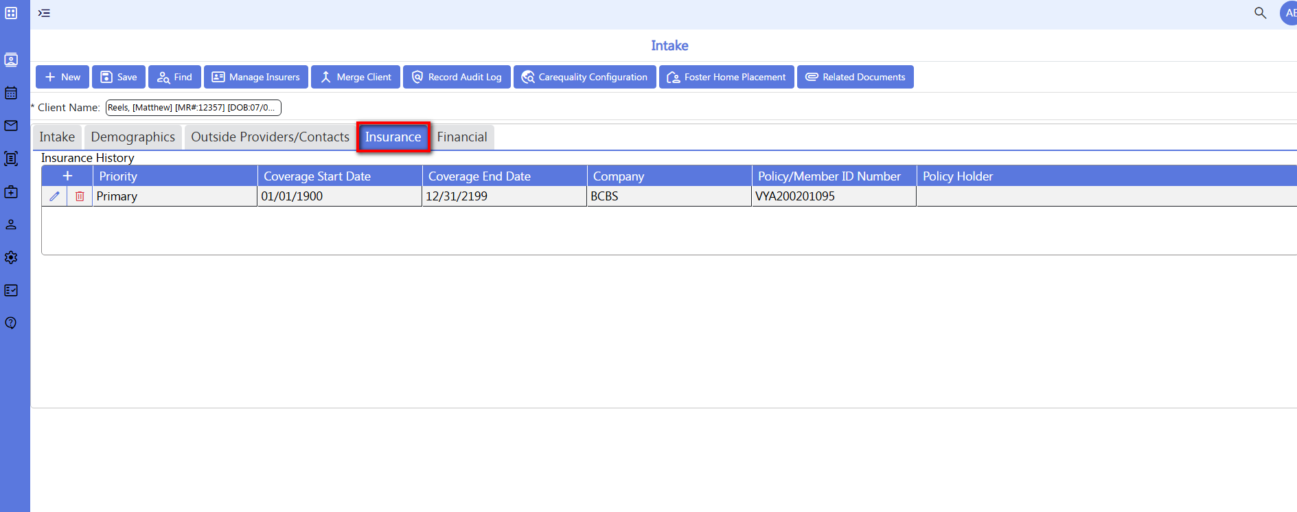 Screenshot of demographics - insurance history