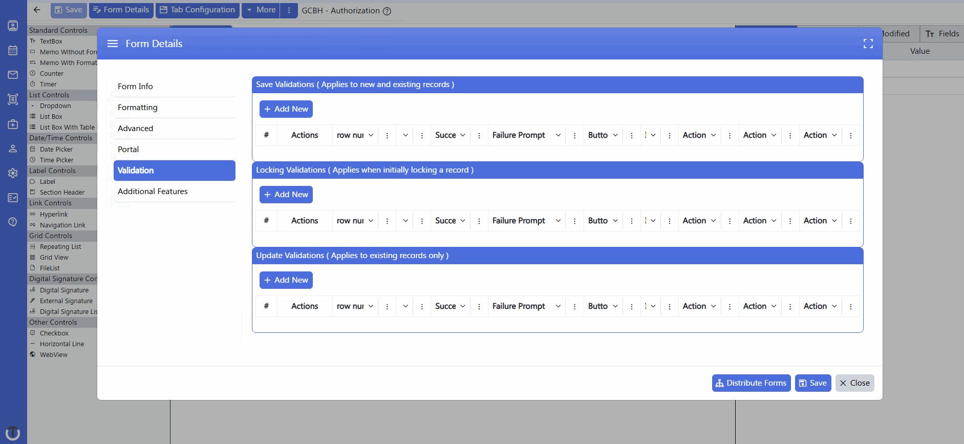 screenshot of form builder - validations
