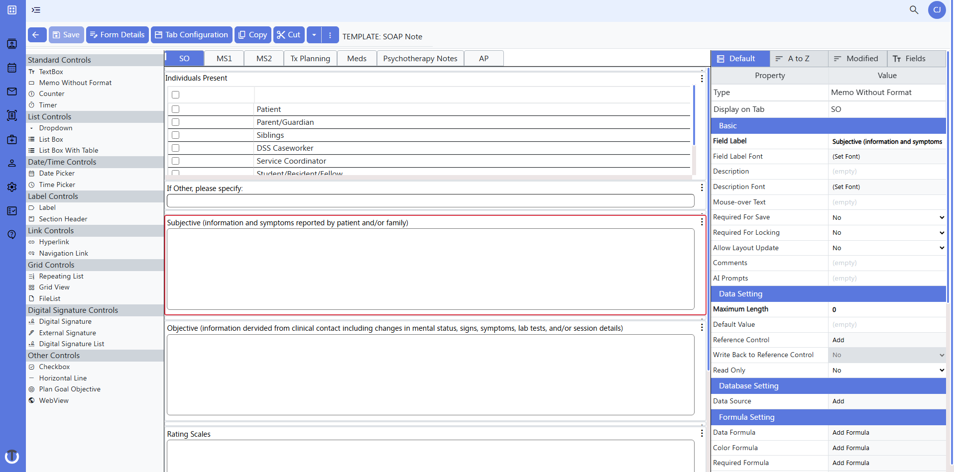 screenshot of form builder - controls