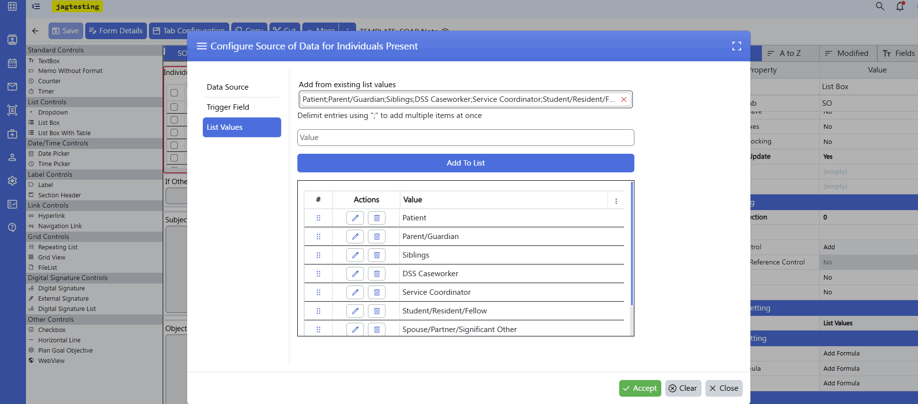 screenshot of form builder - listvalues