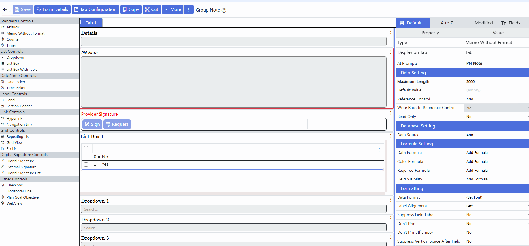 screenshot of form builder - properties