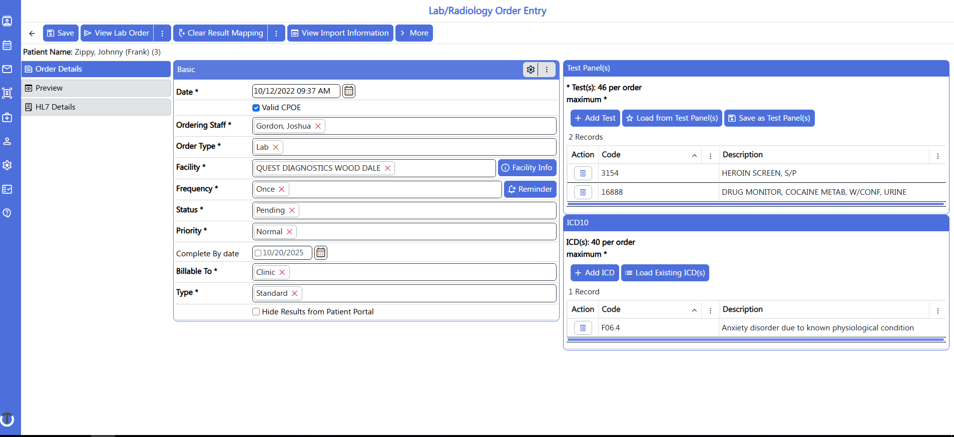 screenshot of lab radiology order entry