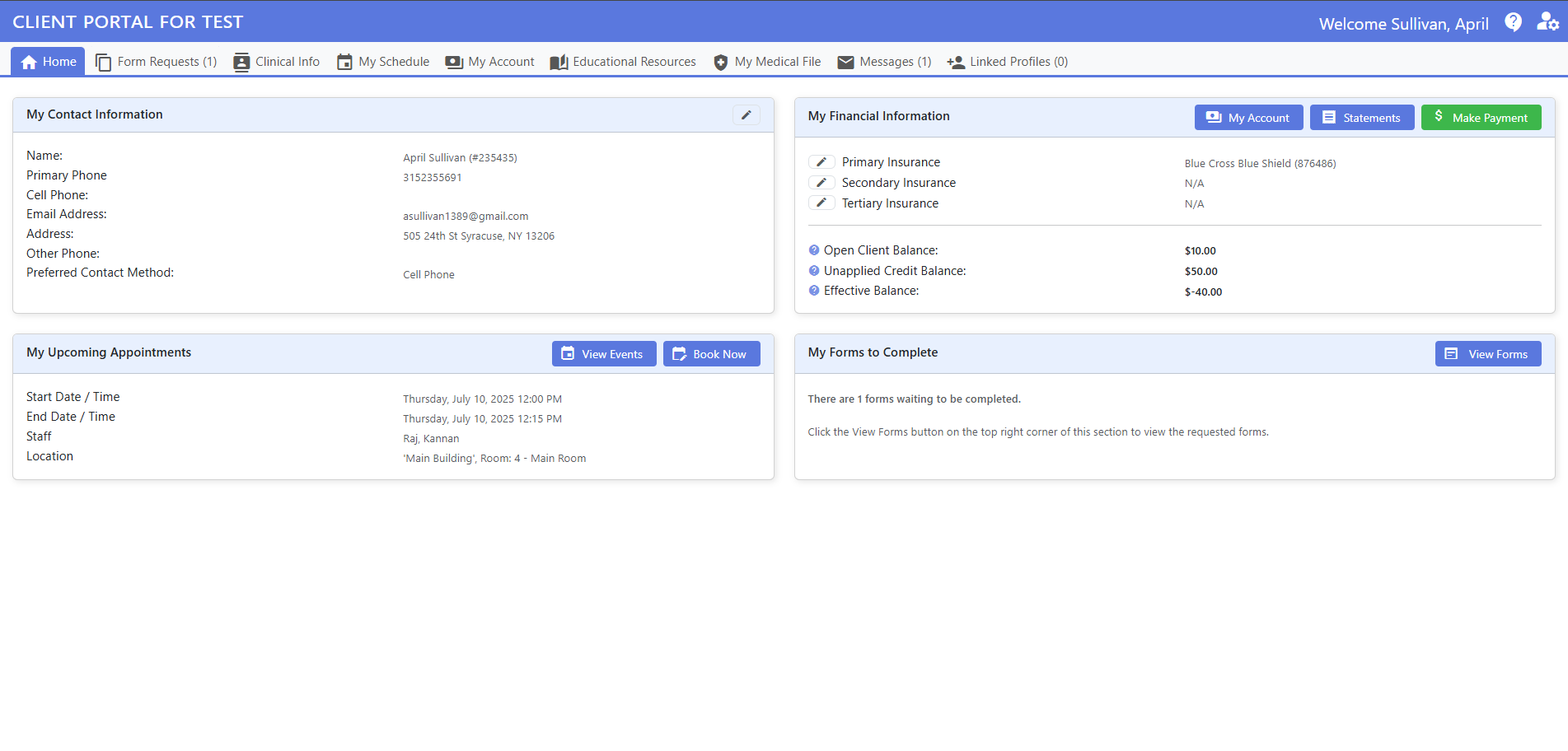 screenshot of patient portal