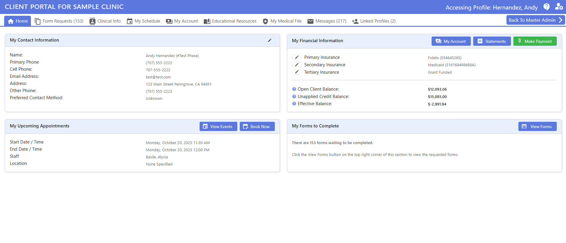 screenshot of patient portal - home