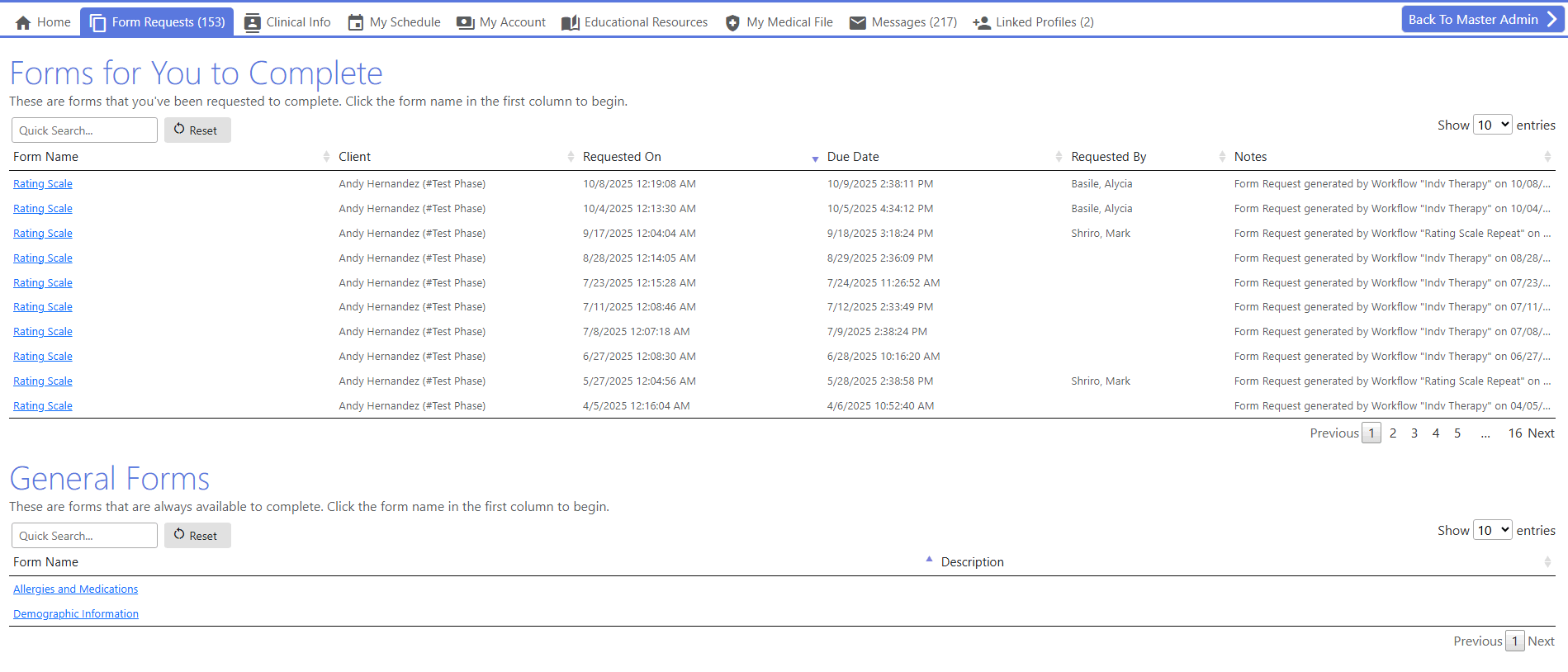 screenshot of patient portal - form requests