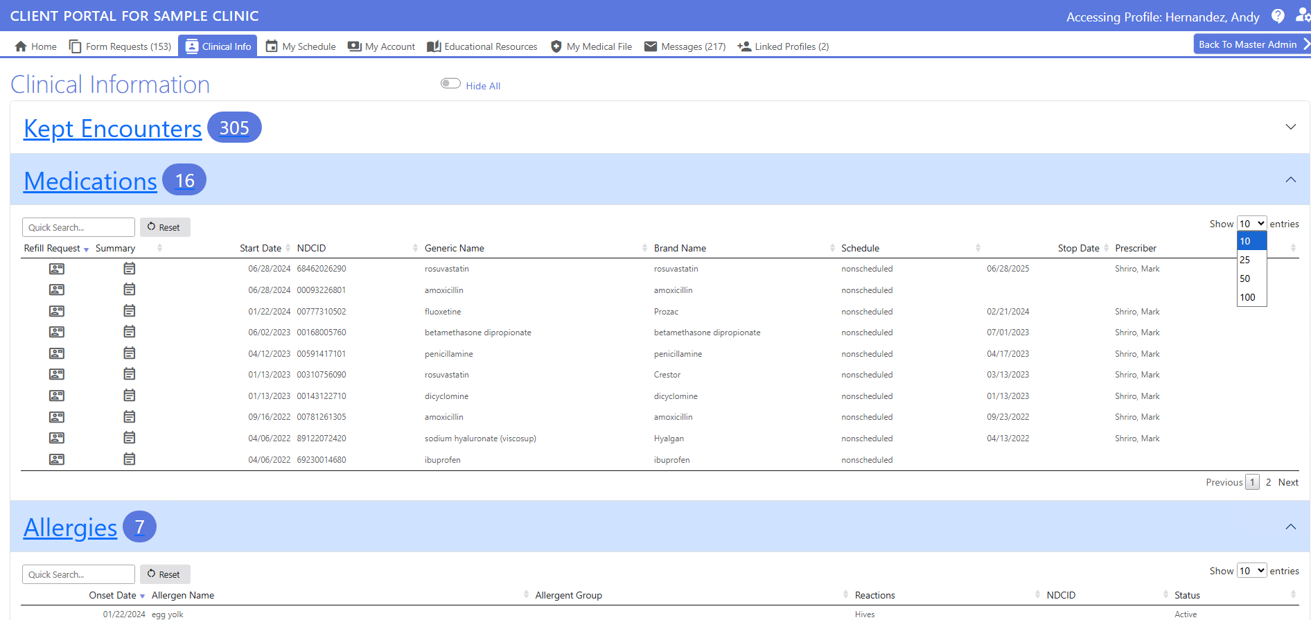 screenshot of patient portal - clinical info