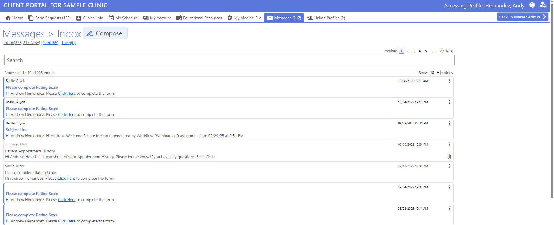 screenshot of patient portal - messages