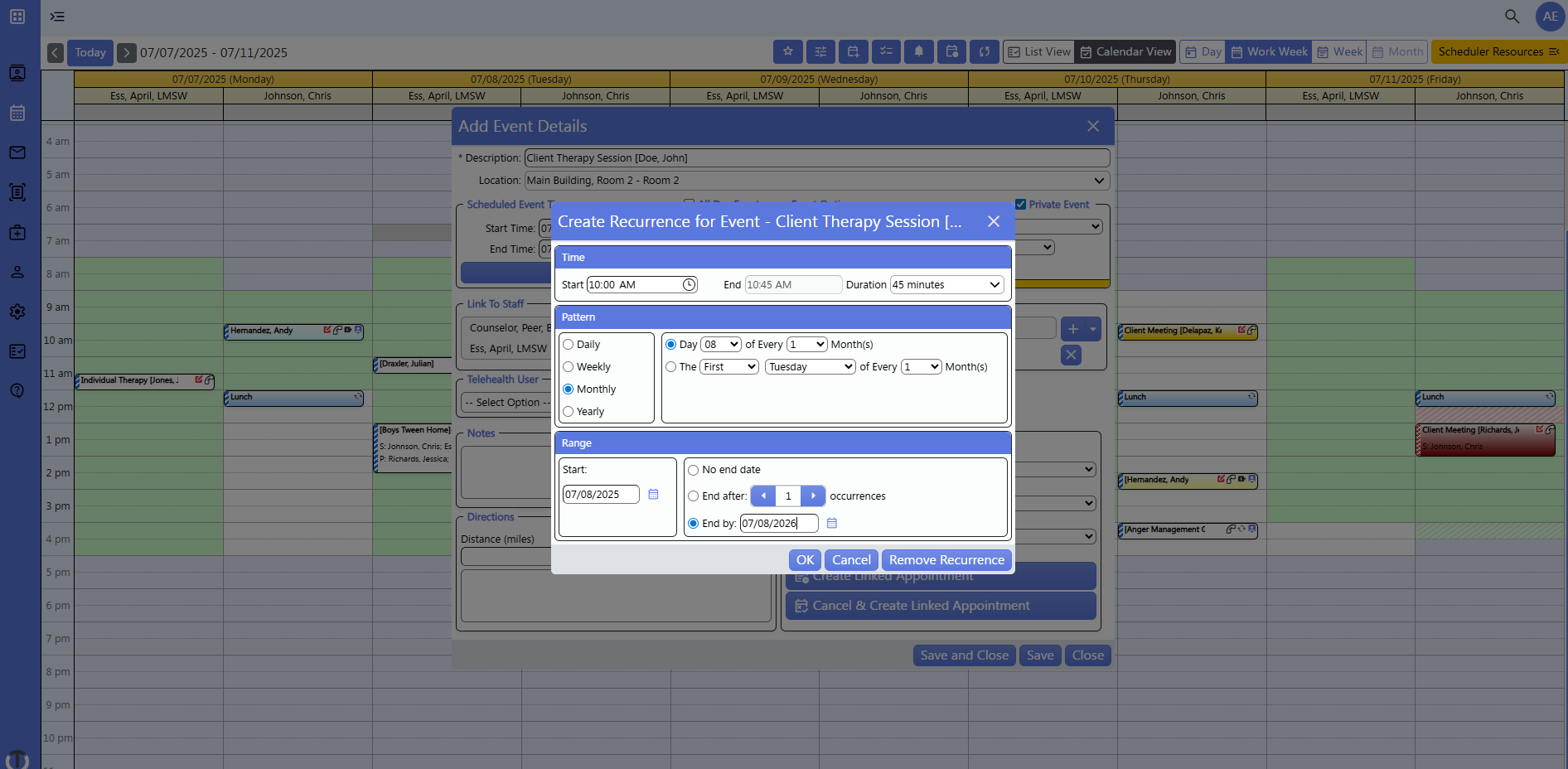 screenshot of scheduler - create recurrence