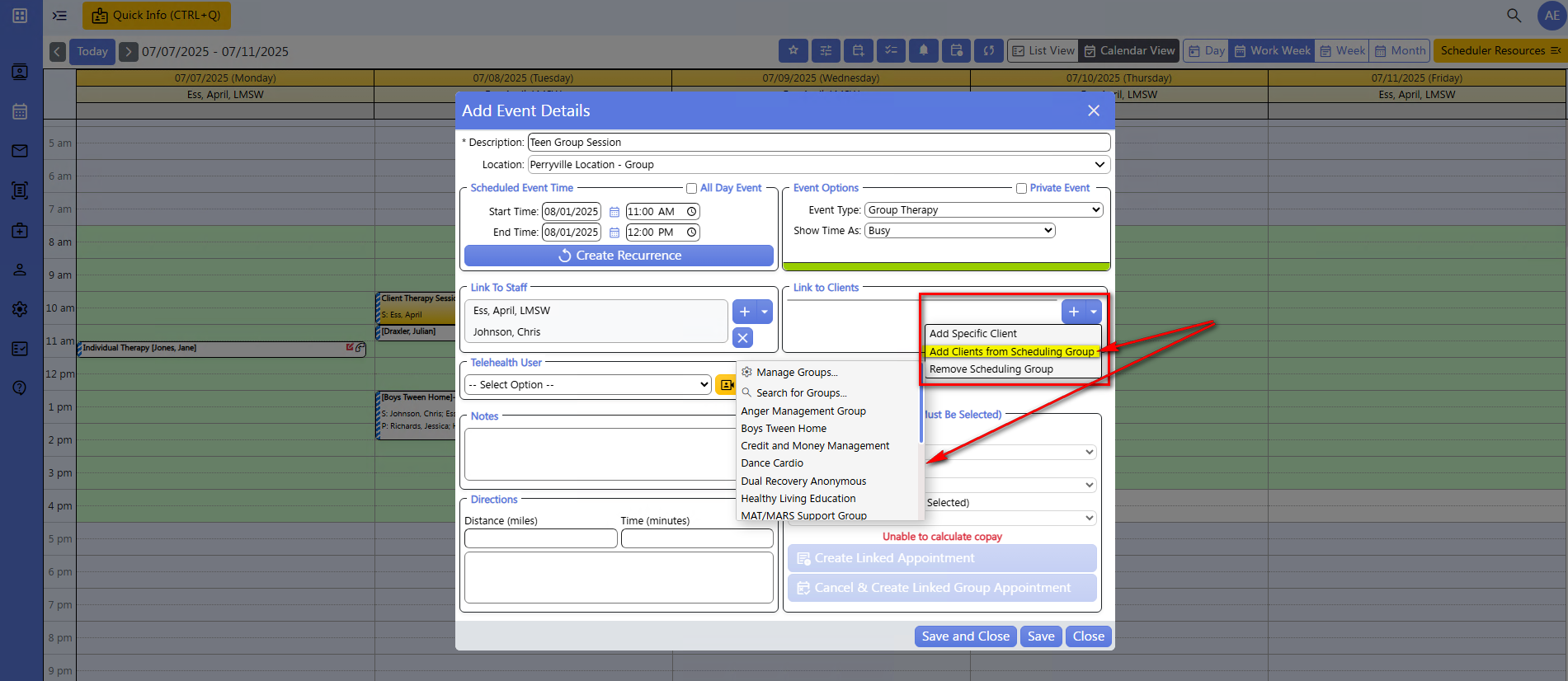 screenshot of scheduler - add group event