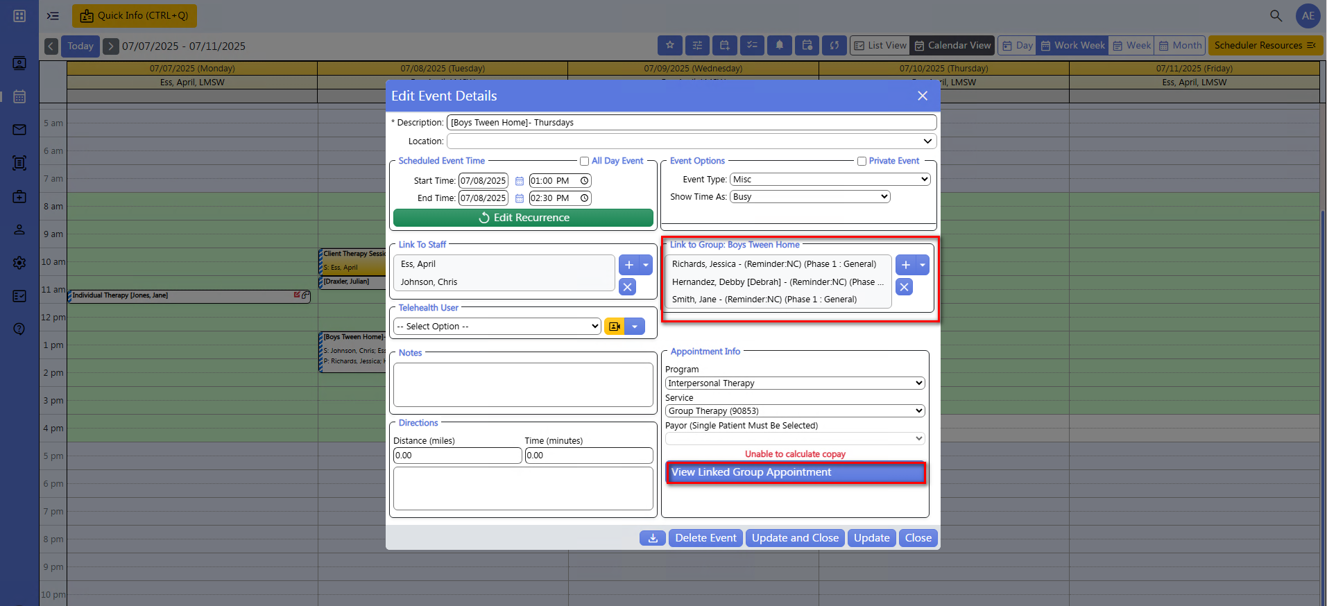 screenshot of scheduler - group appointment
