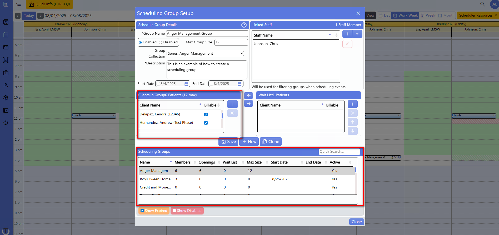 screenshot of scheduling - scheduling group setup