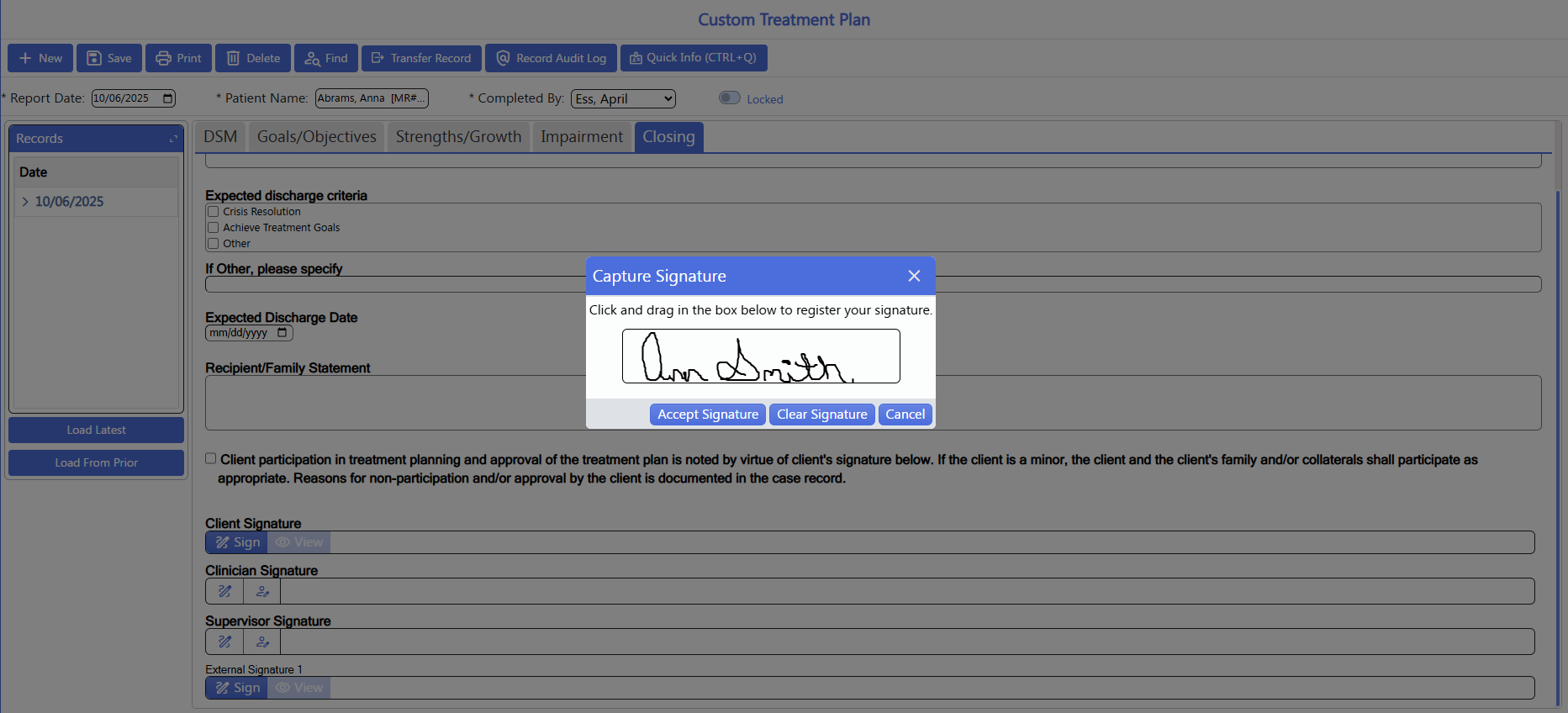 screenshot of signature capture