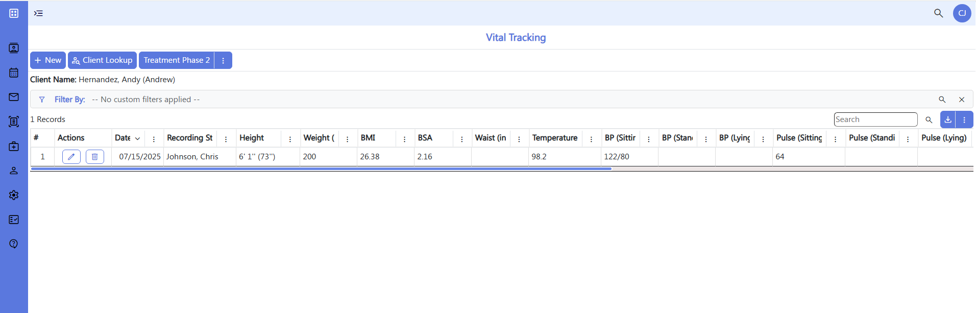 screenshot of vital tracking