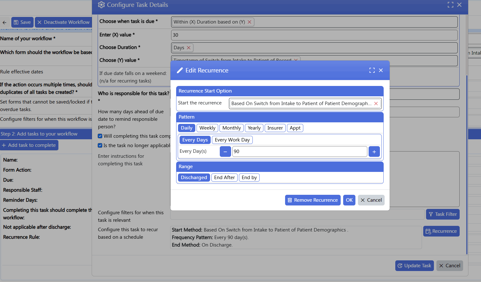 screenshot of workflow builder - recurrence