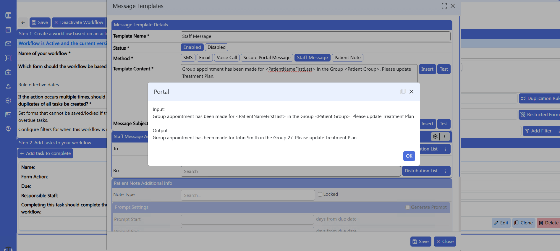 screenshot of workflow builder - smartflow test template message